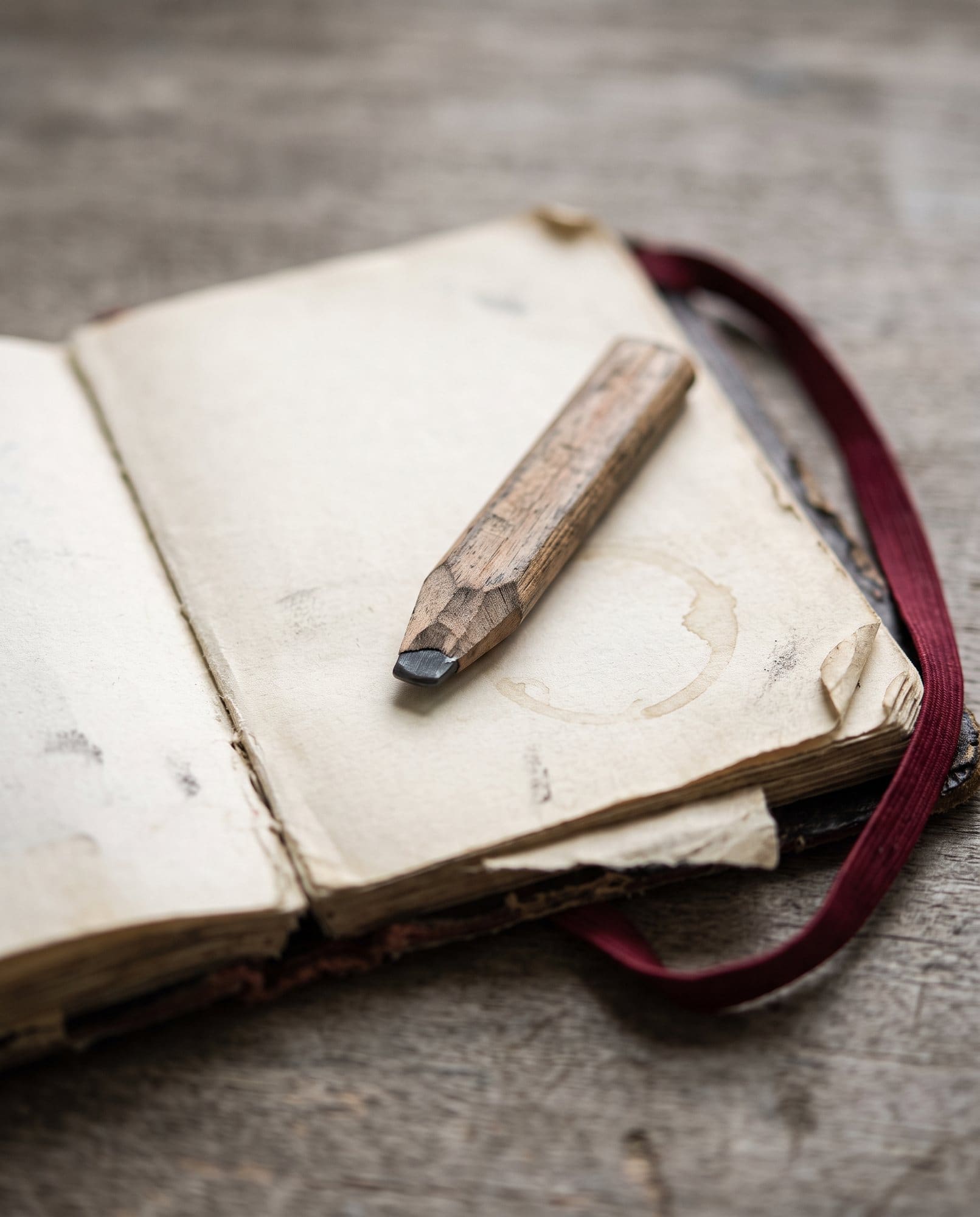 A worn notebook and pencil on cream paper