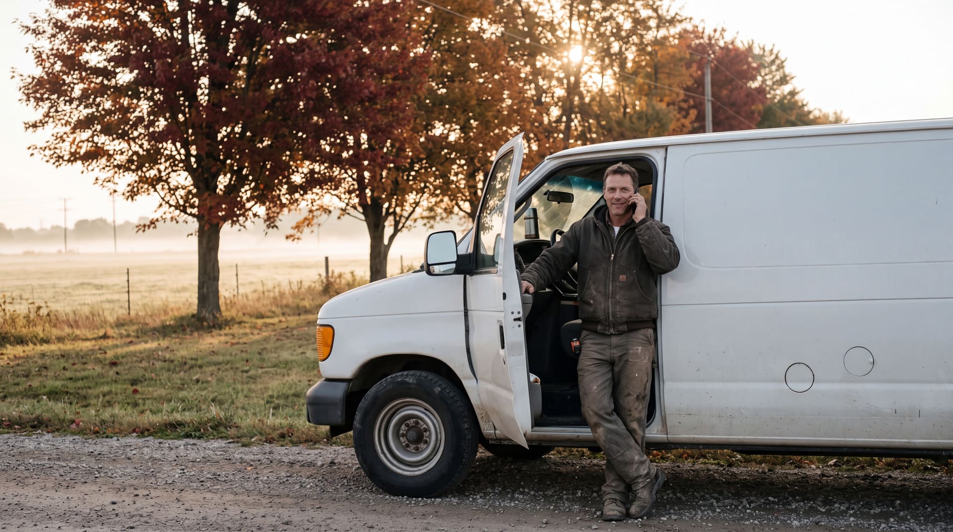 A tradesman answering his phone beside his van at sunrise